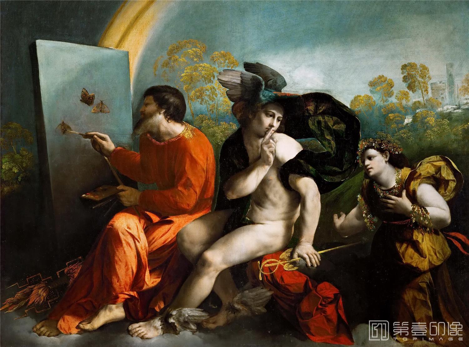 油画-奥地利维也纳艺术史博物馆-Dosso Dossi Jupiter, Mercury and Virtus or Virgo-225